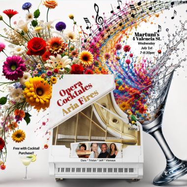 flowers and notes cascading from a tilted giant martini glass with a white piano, pics of the performers on the white piano and the information about the event