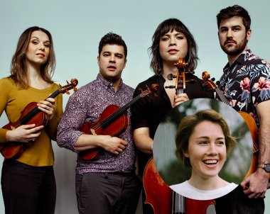 a portrait of Attacca Quartet with Caroline Shaw's headshot