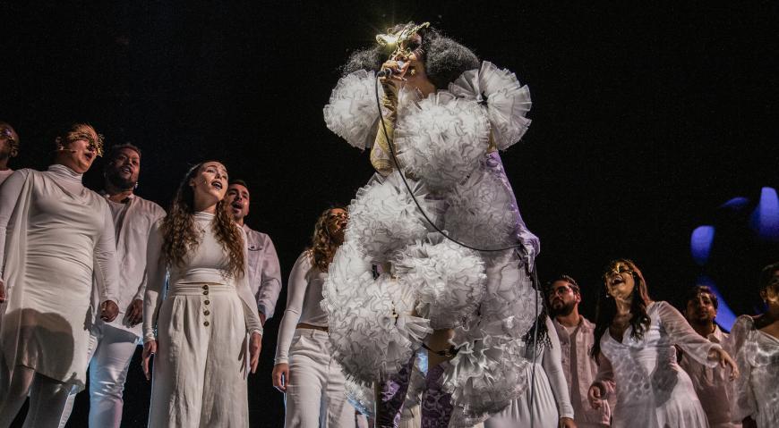 Björk on stage at the Chase Center