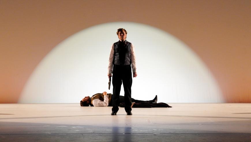 Evan LeRoy Johnson as Lensky and Gordon Bintner as Onegin