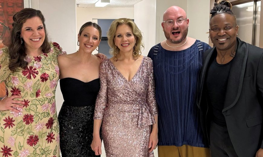 Lindsay Mendez, left, Jessie Mueller, Renée Fleming, Doug Peck, and Tituss Burgess