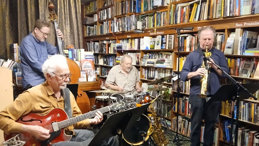 Noah Schenker, Brad Buethe, Ron Vincent, and Bruce Williamson performing at Bird & Beckett Books and Records | Credit: Andrew Gilbert