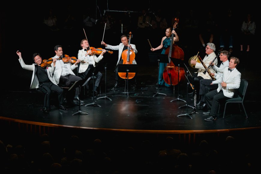Paul Huang, Arnaud Sussmann, James Thompson, Sihao He, Nina Bernat, Radovan Vlatkovic, Peter Kolkay, and Sebastian Manz performing the Schubert Octet | Credit: Harrison Truong