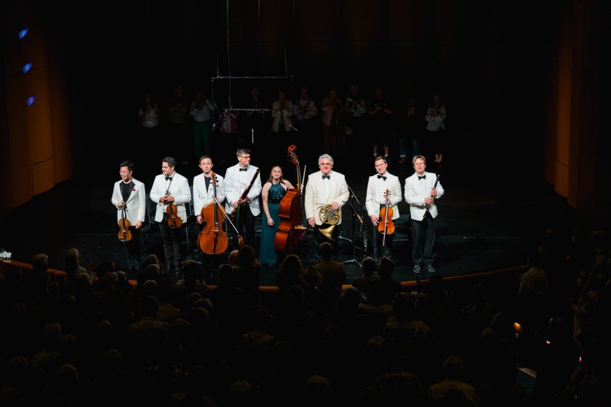 From Left: Paul Huang, Arnaud Sussmann, Sihao He, Peter Kolkay, Nina Bernat, James Thompson and Sebastian Manz take a bow following their performance of Schubert's Octet. | Credit: Harrison Truong