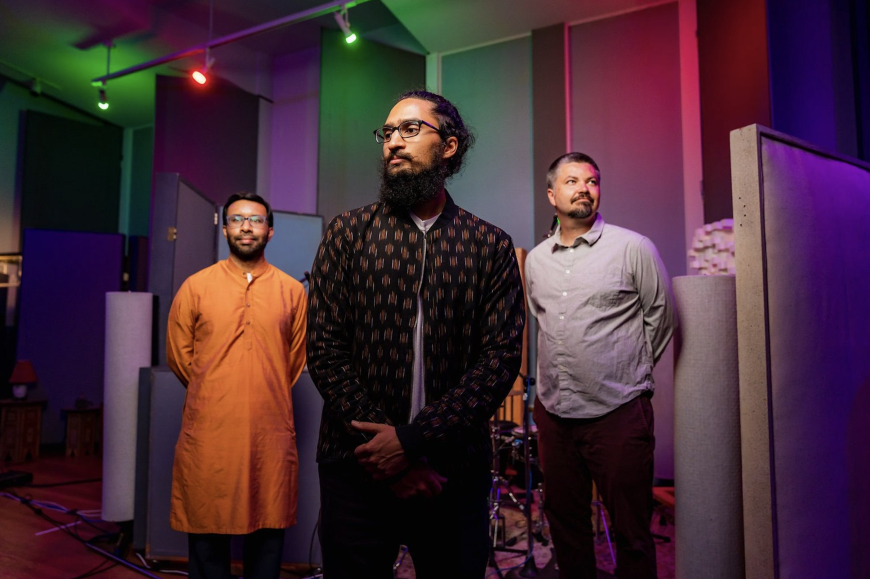 From left: saxophonist Prasant Radhakrishnan, percussionist Rohan Krishnamurthy, and keyboardist Colin Hogan | Courtesy of The Alaya Project