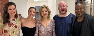 Lindsay Mendez, left, Jessie Mueller, Renée Fleming, Doug Peck, and Tituss Burgess