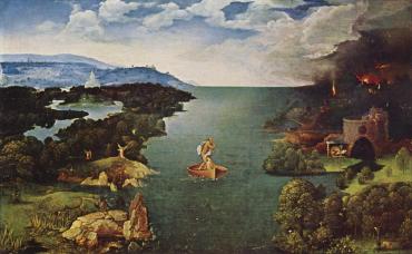 Image of a 16th century Joachim Patinir painting, containing a landscape with a river running through the middle.