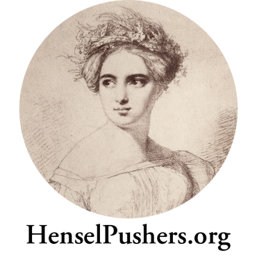 illustrated portrait of a young woman with a wreath in her hair and dark eyes, looking left, text: HenselPushers.org