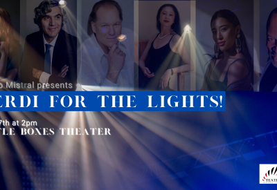 Concert title and photos of performers with theater lights in the background