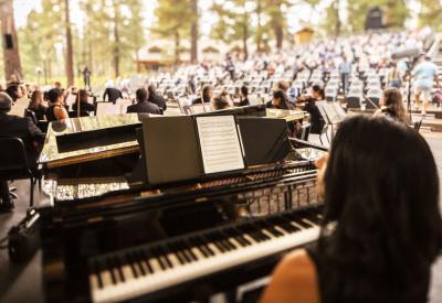 view of audience from onstage and looking from behind the pianist sitting at the piano.