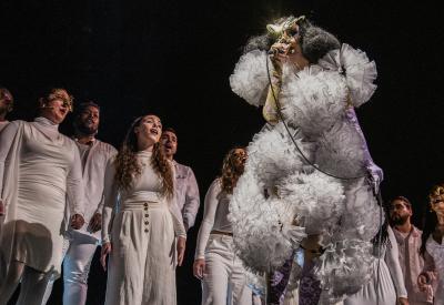Björk on stage at the Chase Center 