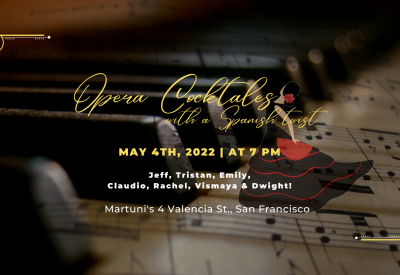 piano, sheet music and text about the event with a spanish dance in silhouette