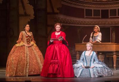 Prodigy composer/musician Alma Deutscher makes her international conducting debut in a lavish Opera San José production of her landmark opera, "Cinderella," presented November 12–27, 2022 at the California Theatre in San Jose. Seen here: Cinderella (Vanessa Becerra, back) with her Stepmother (Mary Dunleavy, Center) and evil stepsisters Zibaldona (Karin Mushegain, L) and Griselda (Stacey Tappan, R) in OSJ's 2017 production of Deutscher's "Cinderella." Photo Credit: John Draginoff