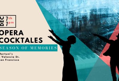 Green, brown and reddish layered background with figure outlines of singers and piano with the title, time and location of the event by Opera Cocktales 