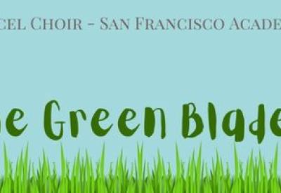 Now the Green Blade Rises concert title featuring blue sky, grass, the sun and a festive bird on a branch