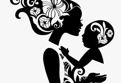 black & white silhouette of mother holding child