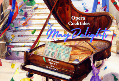 whimsical watercolor.  Grand piano with sweeping staircase behind with May pole streamers and info.
