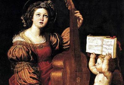 Barbara Strozzi playing bass with child holding music.