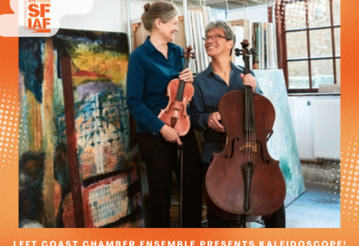 Anna Presler holding a violin and Leighton Fong holding a cello, with concert details listed.