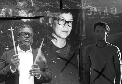 Black and white collage image of Gerald Cleaver, Jean Carla Rodea, and Austin Larkin