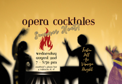 4 shadowed figures against an orange background with Opera Cocktales Summer Heat and the names of the performers
