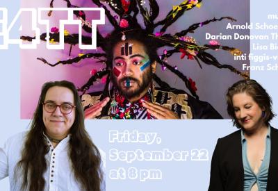 images of inti figgis-vizueta (native American/Latinx, long hair, glasses, white shirt), darian donovan thomas (Black man with face paint, flowers in hair, dreads flying, and lisa bielawa