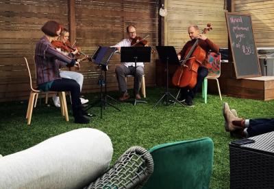 Musicians playing in a backyard on green grass