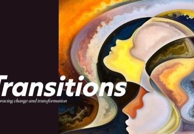 "Transitions" title with multicolor background