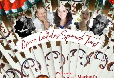 Spanish fan background with photos of the performers in a semicircle with the Title and the date/location.
