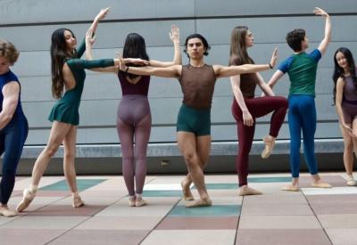 Colburn Dance Academy students posing on the Colburn Plaza.