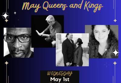 Pictures of the performers on a gradient black to blue background with the Title/date/time/info