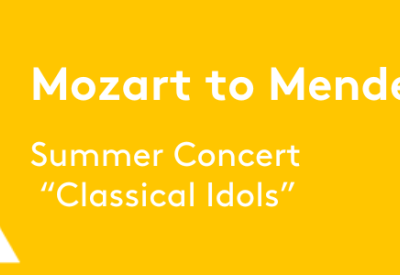 yellow banner reading Mozart to Mendelssohn summer concert classical idols