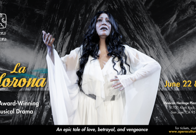 Graphic for La Llorona featuring mezzo-soprano Stephanie Sanchez in a white dress, black tear tracks streaming down her face.