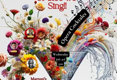 martini glass filled with cascading notes, flowers and pics with the title of the event date, time and location!