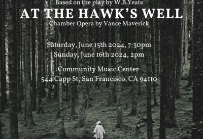 Promotional image for performances of "At the Hawk's Well". A hooded figure walks up into a mysterious forest.