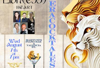 Piano key background in light sepia shades with info about the event and 2 elegant papercut lions and small pics of the performers.
