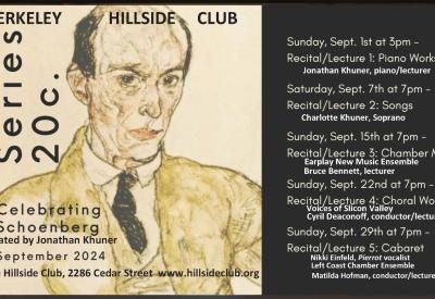 Poster for the 5-event Schoenberg lecture/concert series, September 2024 at the Berkeley Hillside Club