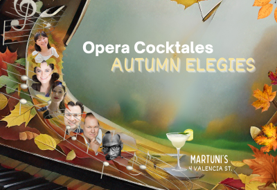 an open grand piano acting as a window out into an autumn landscape surrounded by fall covered leaves and the event information. 