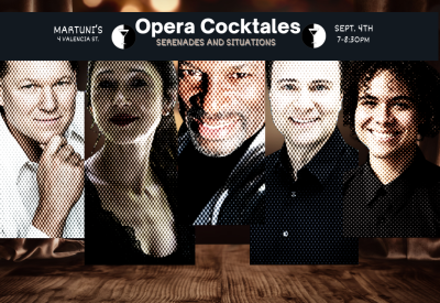 Bokeh background of a theater with photos of the performers and information about the event Time/Date/Place