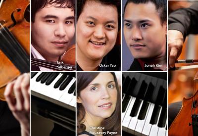 The faces of four musicians bracketed by images of violin, cello, and piano.