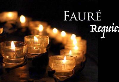 Picture of candles with title "Fauré Requiem"
