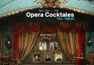 rustic turquoise puppet theater with pics of the performers and information about the event