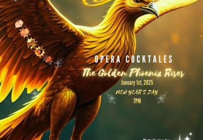 A golden phoenix taking flight with the information about the event written in front of 