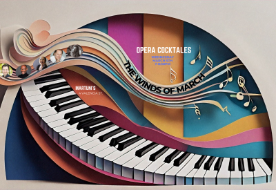 Papercut art with a sweeping keyboard and streaming windlike music notes and colorful semi-circular cutout with the information