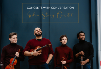 Isidore String Quartet pose together with instruments