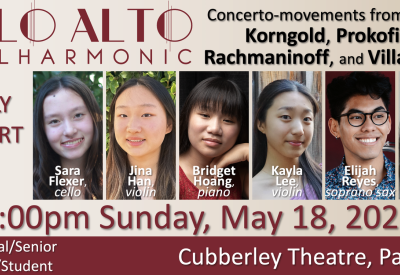 Headshots of 6 young soloists who will be featured in the concert.