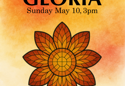 A poster in orange and red tones with a central flower motif. Text says: Poulenc Gloria, Sunday May 10, 3 pm.