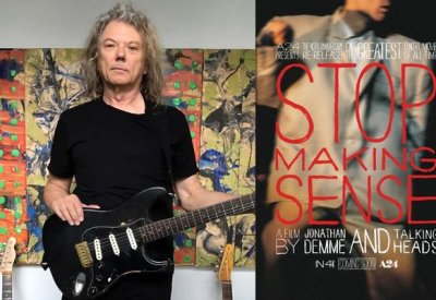 On the left, Jerry Harrison in a black shirt with his black guitar. On the right, the Stop Making Sense concert film poster.