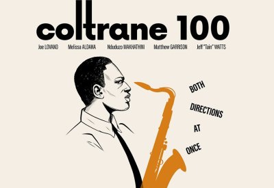 Poster for Coltrane 100: Both Directions at Once. Poster is animated John Coltrane with a saxophone.