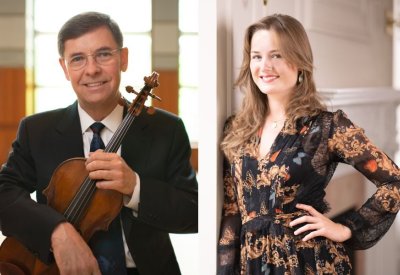 On the left, Roberto Díaz in a suit with a violin. On the right, Juliette Tacchino in a floral dress.